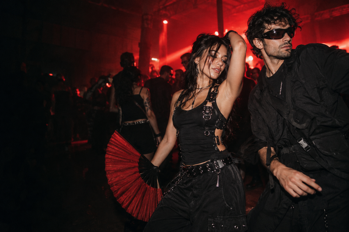 Escena editorial conceptual de dos adultos bailando con ropa negra y luces rojas.